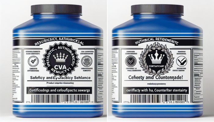 How to Spot Fake Herbal Products: Herbal product label with MHRA logo indicating UK compliance, next to a counterfeit label without certification.