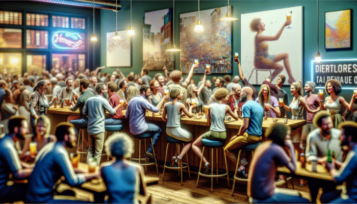 Vibrant downtown bar scene in Henderson featuring local art, lively patrons, and community events.