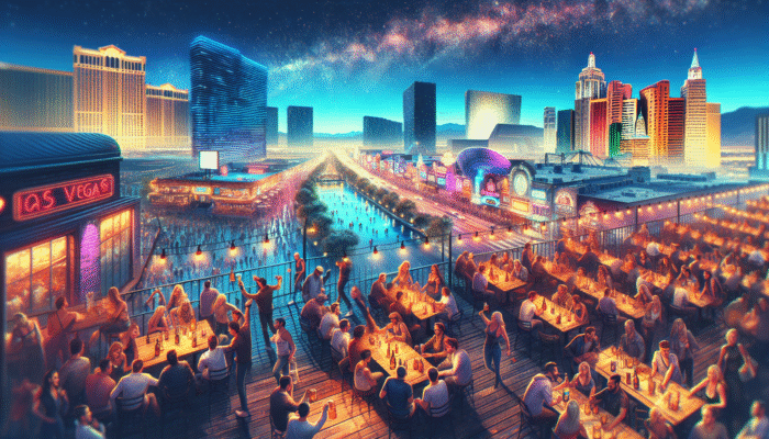 How to Create a Custom Vegas Pub Crawl: A vibrant Las Vegas pub crawl at night, showcasing Omnia Nightclub, Chateau Nightclub's rooftop, and Fremont East's unique atmosphere.