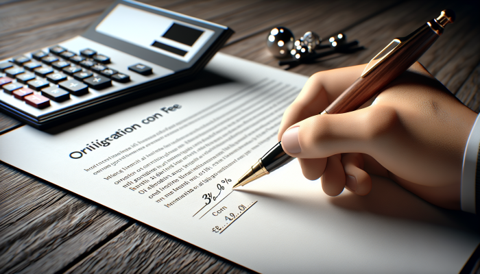 Understanding Debt Consolidation Loan Origination Fees: | DCL Understanding Debt Consolidation Loan Origination Fees: Hand signing loan document, calculator displays £300 origination fee on £10,000 loan.
