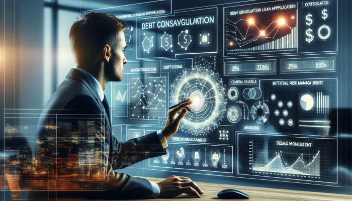 Managing Risk with Debt Consolidation Loan Origination Fees: | DCL UK lender assessing debt consolidation loan risk in modern office with financial charts and economic trends on screen.
