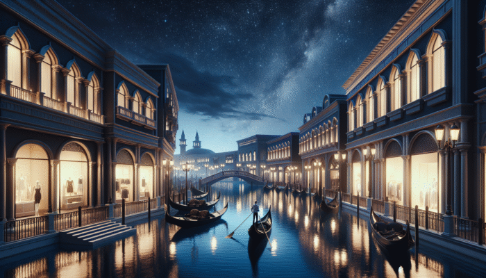 A nighttime view of Grand Canal Shoppes with gondolas on shimmering water, under a starry sky.