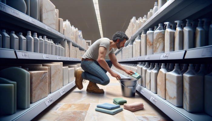 Person selecting pH-neutral cleaner, soft cloths, and bucket in UK supermarket aisle, with travertine tiles in background.
