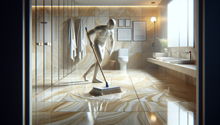 A person rinsing travertine tiles with a mop and warm water in a bathroom, ensuring cleanliness and shine.