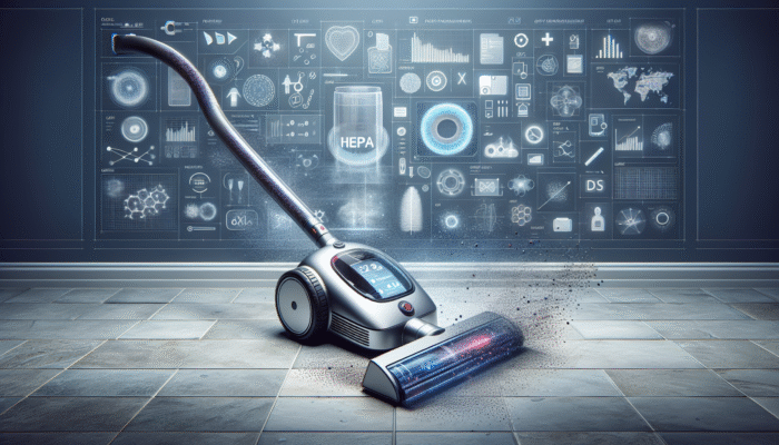 A modern vacuum with HEPA filter capturing dust and allergens on stone floor for a healthy home.