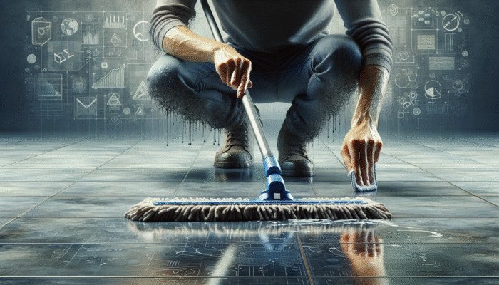 Individual cleaning stone floor with pH-neutral cleaner and mop, removing dust and grime in preparation for polishing.