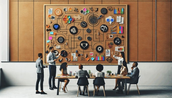 Creative workspace with a planning board and team members discussing video content strategies.
