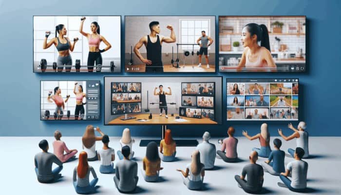 Screens displaying fitness tutorials, expert interviews, and behind-the-scenes vlogs, engaging diverse audiences.