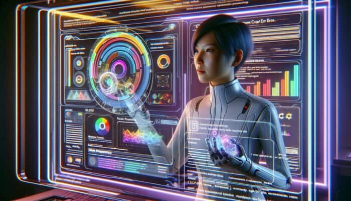 A webmaster monitors Google Search Console data on a holographic display in a futuristic tech-filled environment.