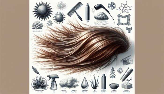 Close-up of dry, split hair ends with symbols of sun, wind, pollution, heat tools, and chemical treatments.