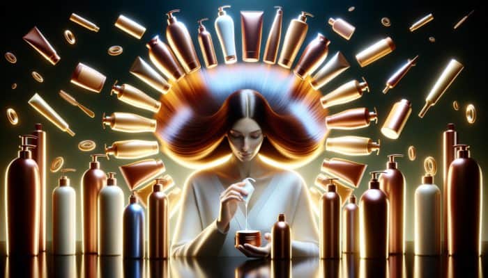 Person applying conditioner to vibrant, smooth hair, surrounded by advanced hair care products for moisture and protection.