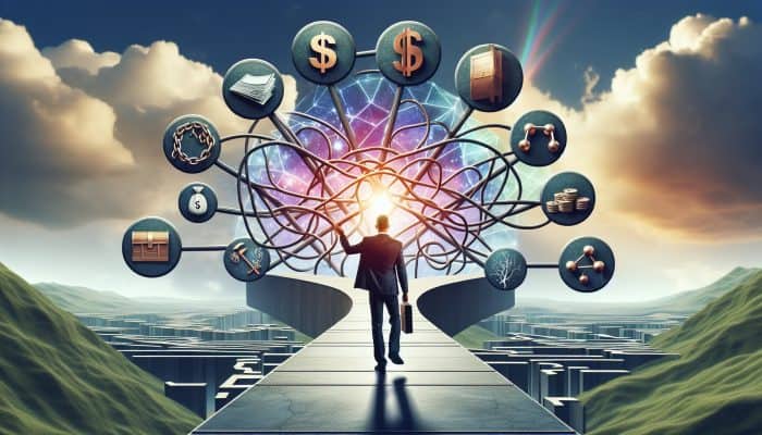Essential Vocabulary for Understanding Debt Consolidation: A Beginner's Guide | DCL A person confidently navigating a clear path through a complex financial landscape with labeled signposts under a bright sky.