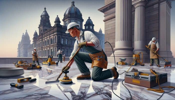 Expert technician honing marble floors in Dundee, achieving a stunning glossy finish against a backdrop of historic Scottish architecture.