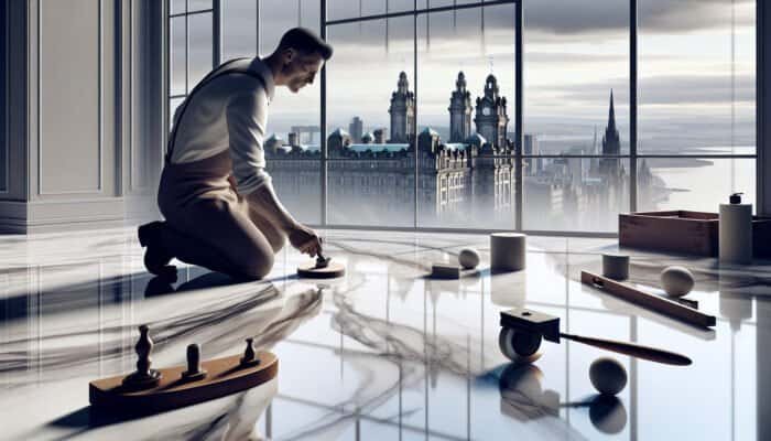 Craftsman in Dundee honing marble floors to a glossy finish, with the skyline visible.