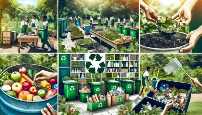 A vibrant eco-friendly garden that showcases practices like composting, recycling, and biodegradable waste management.