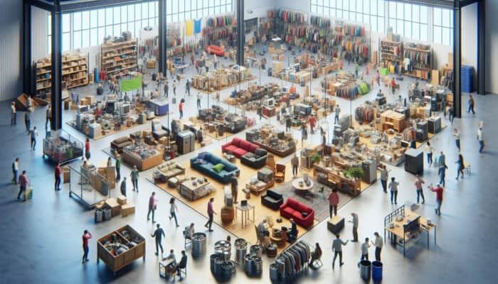 A vibrant community center with donated items where members participate in reuse programs, fostering sustainability.