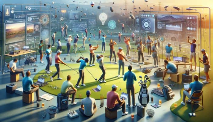 South African golfers utilizing laptops and smartphones in a community forum, receiving expert support for swing analysis.