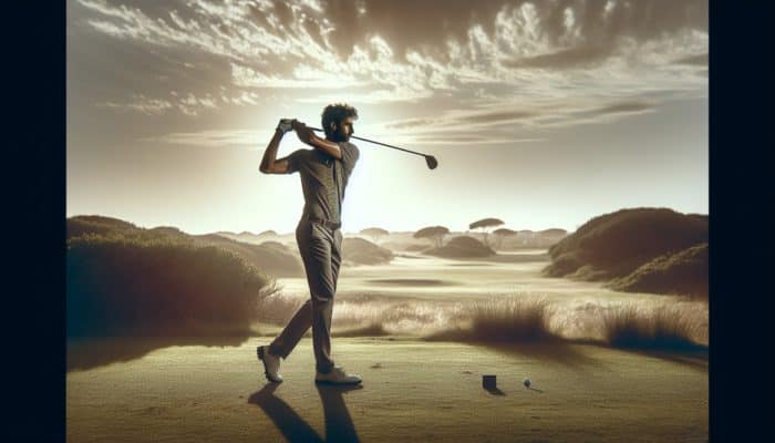 Golfer swinging at a South African course during mid-morning with optimal lighting and a plain background.