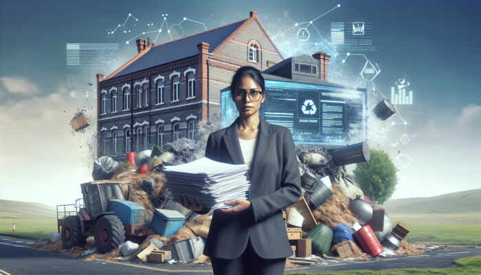 Person holding council permits in front of a house filled with bulky items and hazardous waste, with a UK town hall in the background.
