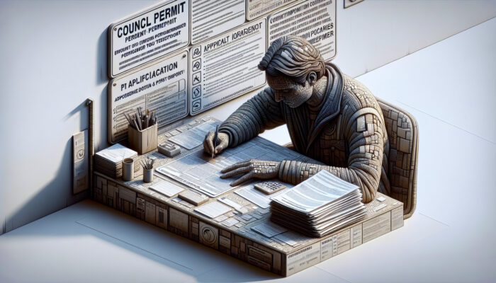 A person filling out a council permit application form at a desk surrounded by documents and guidelines.
