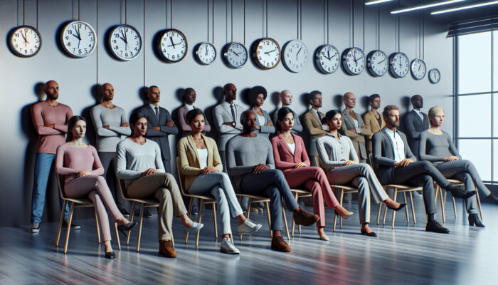 A diverse group of individuals waiting in an office with permit applications and clocks showing different times.