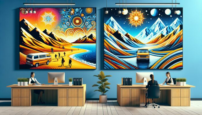 A car rental office with colorful posters showcasing summer beach and winter mountain scenes, promoting seasonal discounts.