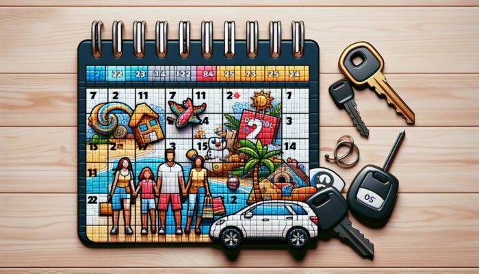 Calendar displaying holiday dates and discount symbols, surrounded by car keys, travel brochures, and a family planning a vacation.