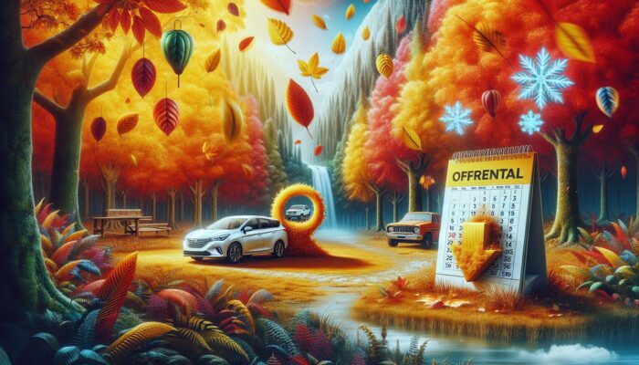 A peaceful autumn landscape with a car rental office, colorful falling leaves, and a calendar showcasing off-peak seasons.