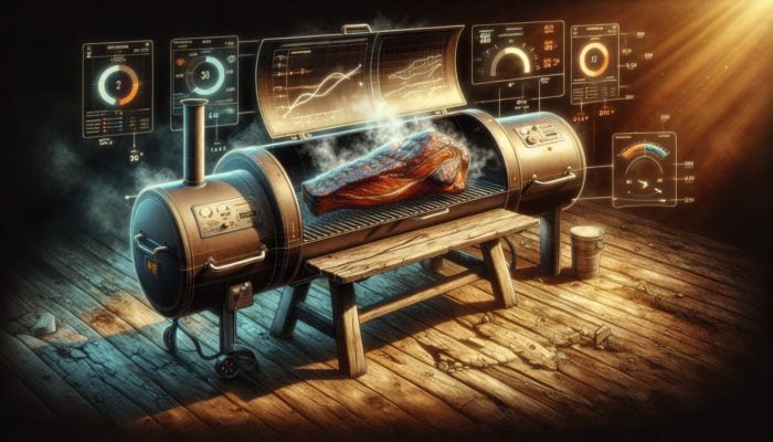 Understanding Smoker Temperature Basics: A smoker with a steady smoke stream, cooking a large brisket, surrounded by consistent temperature gauges on a rustic table under warm light.