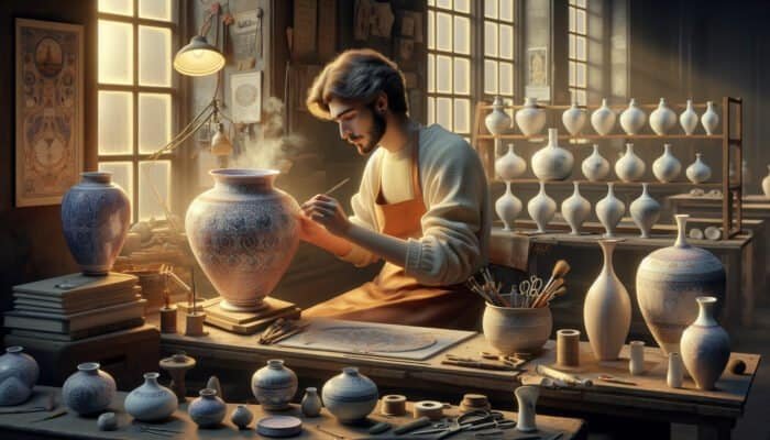 A skilled Enfield artisan repairing a patterned porcelain vase in a well-lit workshop, surrounded by tools and restored pieces.