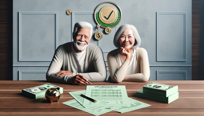 Advanced Debt Consolidation for Retirees: A Comprehensive Guide | DCL Elderly couple at desk with single loan document, surrounded by paid-off debt papers, symbolizing debt consolidation and financial relief.