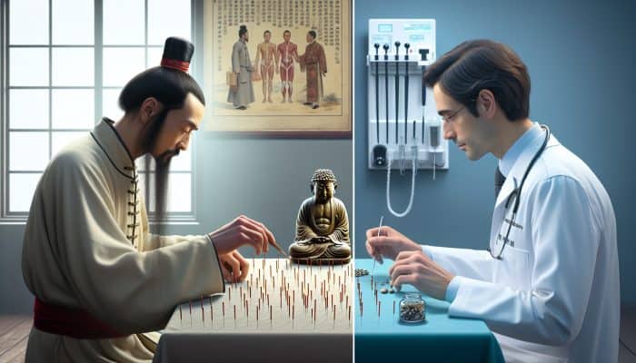 Acupuncture for Complex Chronic Conditions: Ancient Chinese acupuncture session contrasted with modern UK clinic, highlighting historical evolution and NHS integration in the 1970s.
