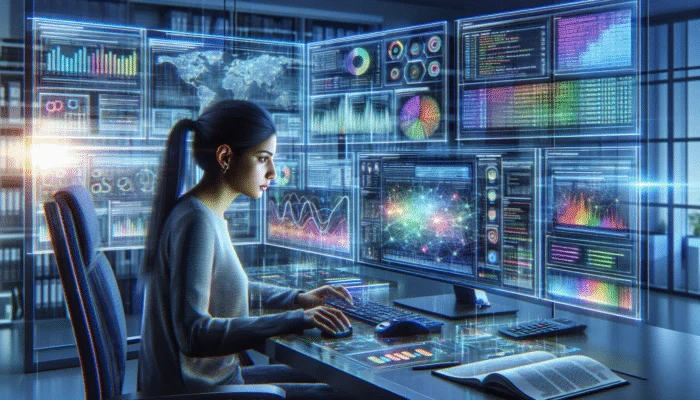 Digital analyst examining competitor alt text strategies using Moz and SpyFu in a modern office environment.