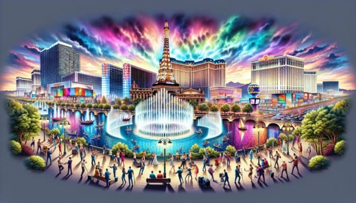 Nighttime scene of Las Vegas with Bellagio Fountains and Viva Vision Light Show on Fremont Street.