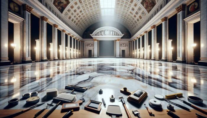 A spacious marble floor in an elegant hall, showcasing polished and scratched sections, alongside polishing tools.