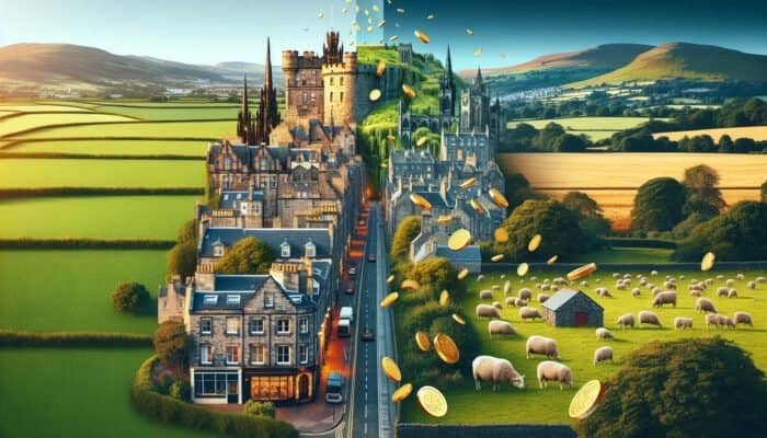 Edinburgh's skyline and the Welsh countryside with contrasting price tags showcasing unique pricing structures.