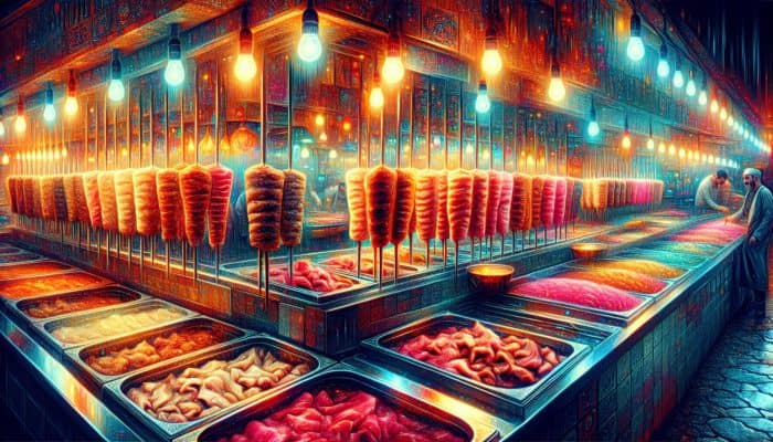 Best Turkish Kebab Recipes for Grilling: Marinated lamb and beef cuts at a Turkish market, ready for grilling into flavorful kebabs.