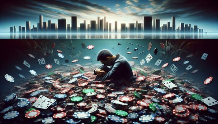 Debt Consolidation for Gambling Debts: A UK Guide | DCL Debt Consolidation for Gambling Debts: A distressed person amidst gambling items, with a shadowy cityscape background, symbolizing UK gambling addiction and debt.