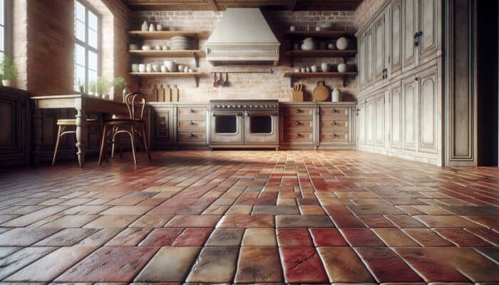 Robust unglazed quarry tiles in rich red and brown tones gracing a traditional kitchen floor, slip-resistant and eternally stylish.