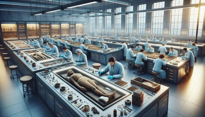 Image depicting an ancient artifact being restored by conservators using advanced tools in a modern laboratory.
