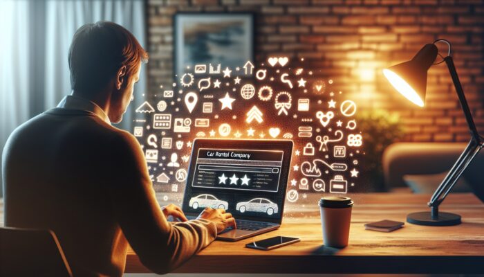 A person reviewing car rental company ratings on a laptop in a cozy home office with a cup of coffee.