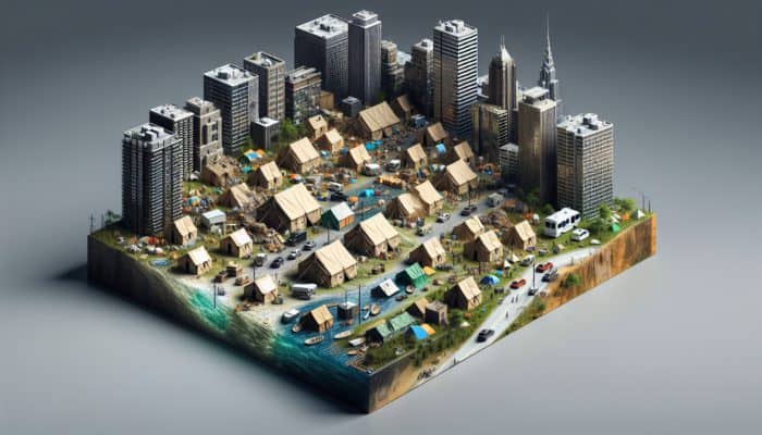 Emergency Shelter Options: A variety of temporary shelters deployed across urban and rural areas for disaster response.