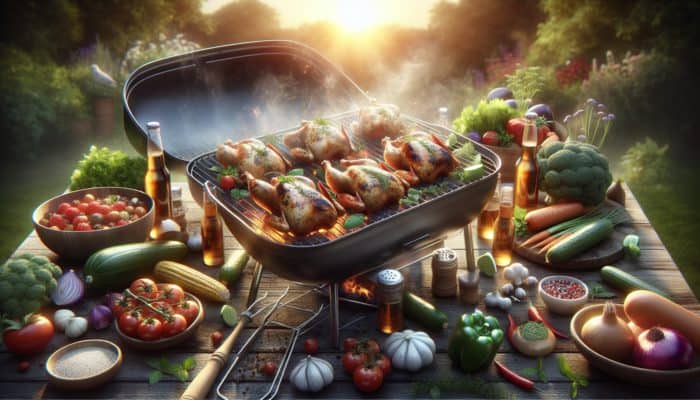 Organic and free-range chickens grilling with herbs and vegetables, highlighting ethical and flavorful eating.