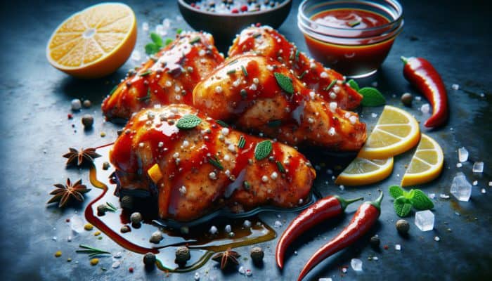 Marinated chicken thighs in barbecue sauce, citrus, and southwestern spices, ready for grilling.