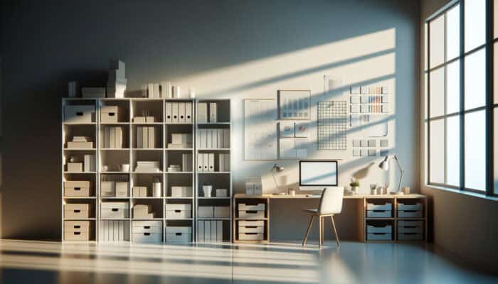 A minimalist workspace featuring organized shelves, labeled boxes, and color-coded folders illuminated by natural light.