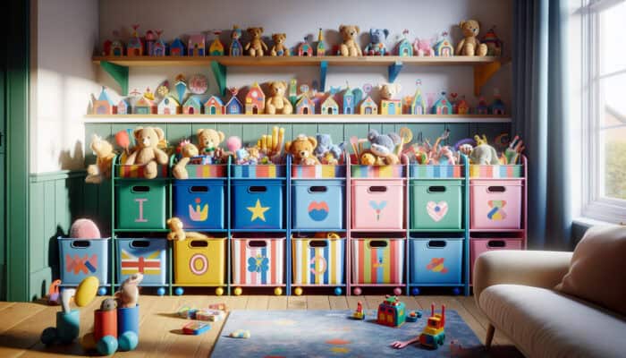 Brightly colored labels with images and words on toy bins, assisting children in organizing stuffed animals within a UK home.
