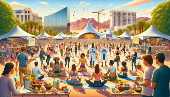 A vibrant scene at MindBodyGreen Revitalize in Las Vegas, showcasing yoga, meditation, and nutrition workshops with diverse attendees and holistic health experts.