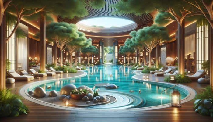 A serene spa retreat in Las Vegas featuring tranquil pools, lush greenery, and luxurious treatment rooms for holistic health.