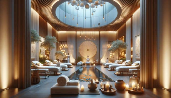 A serene spa scene at Awana Spa in Las Vegas, showcasing massage tables, soft lighting, and a meditation area with guests relaxing.