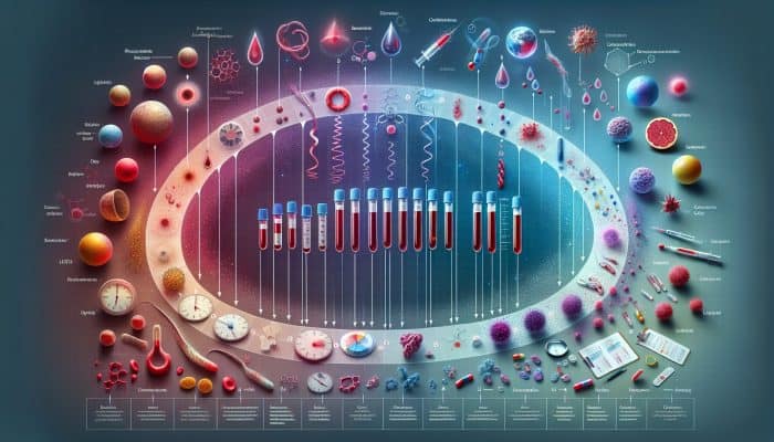 A medical illustration depicting disease progression timeline with regular blood tests shown via charts and graphs.